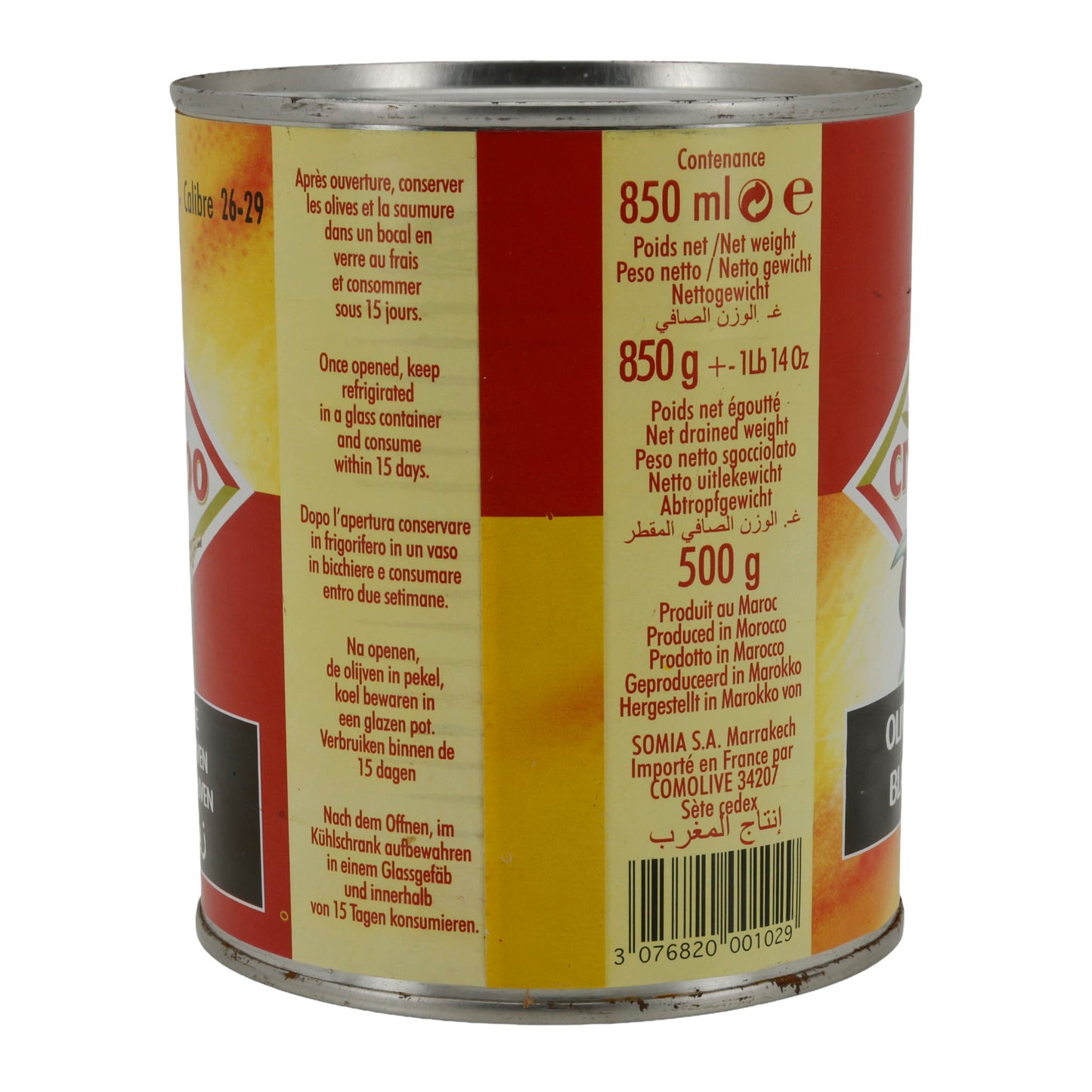Oliven Crespo | tuzlu salamurada siyah bütün zeytinler | Kalibre 26–29 | 850 ml kutu