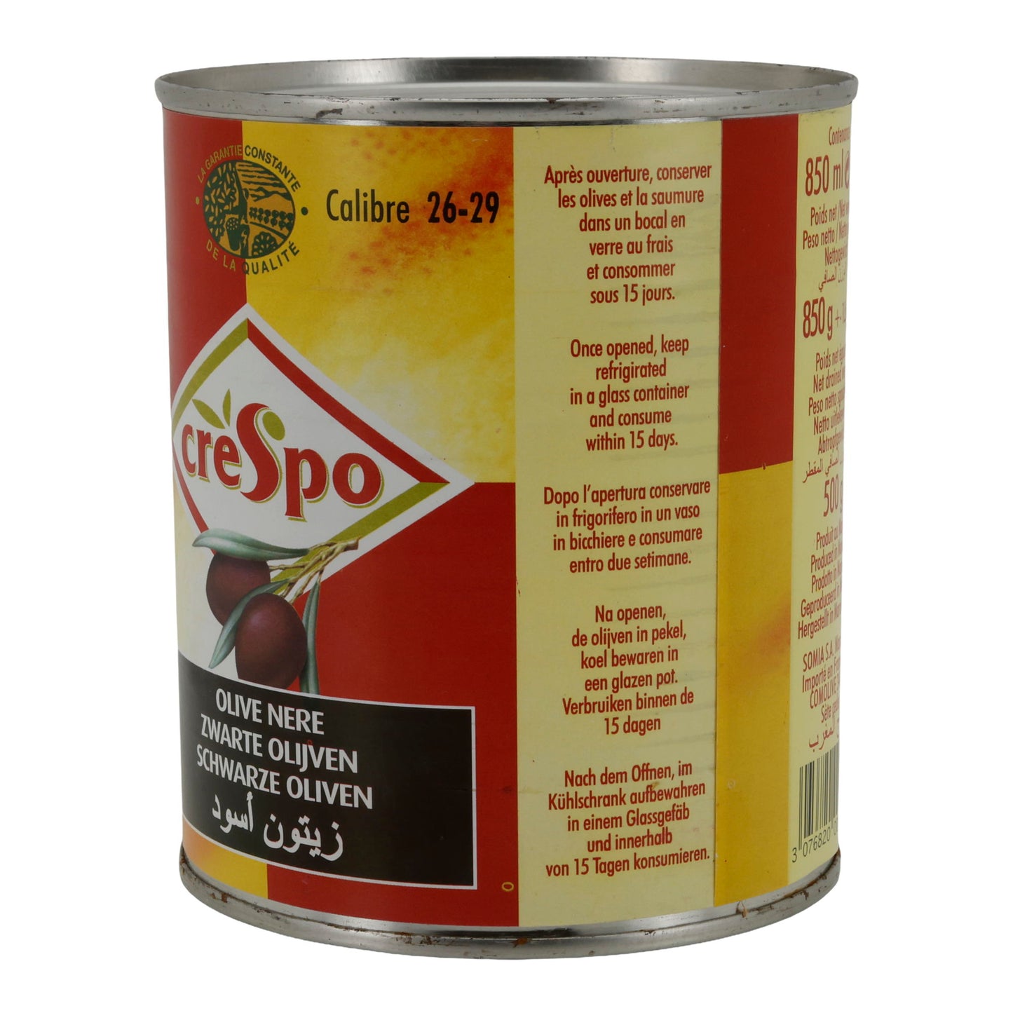 Oliven Crespo | tuzlu salamurada siyah bütün zeytinler | Kalibre 26–29 | 850 ml kutu