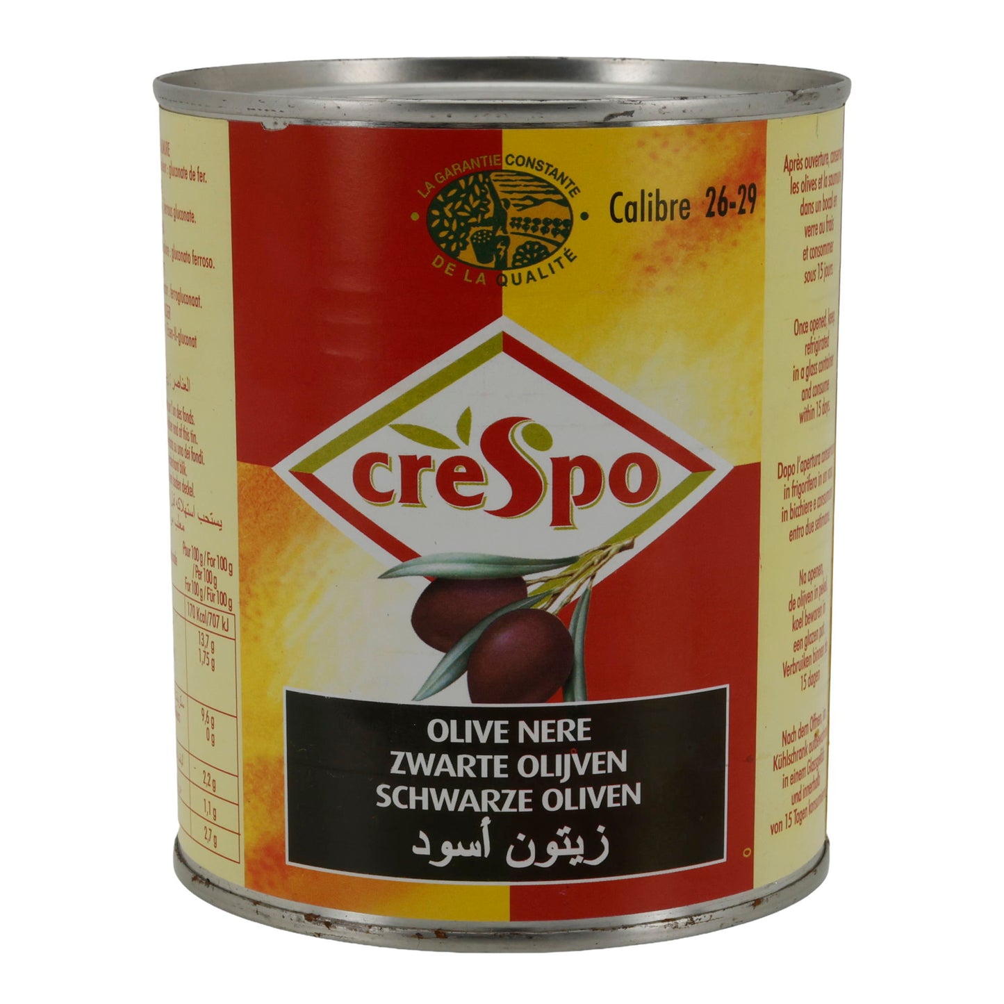 Oliven Crespo | tuzlu salamurada siyah bütün zeytinler | Kalibre 26–29 | 850 ml kutu