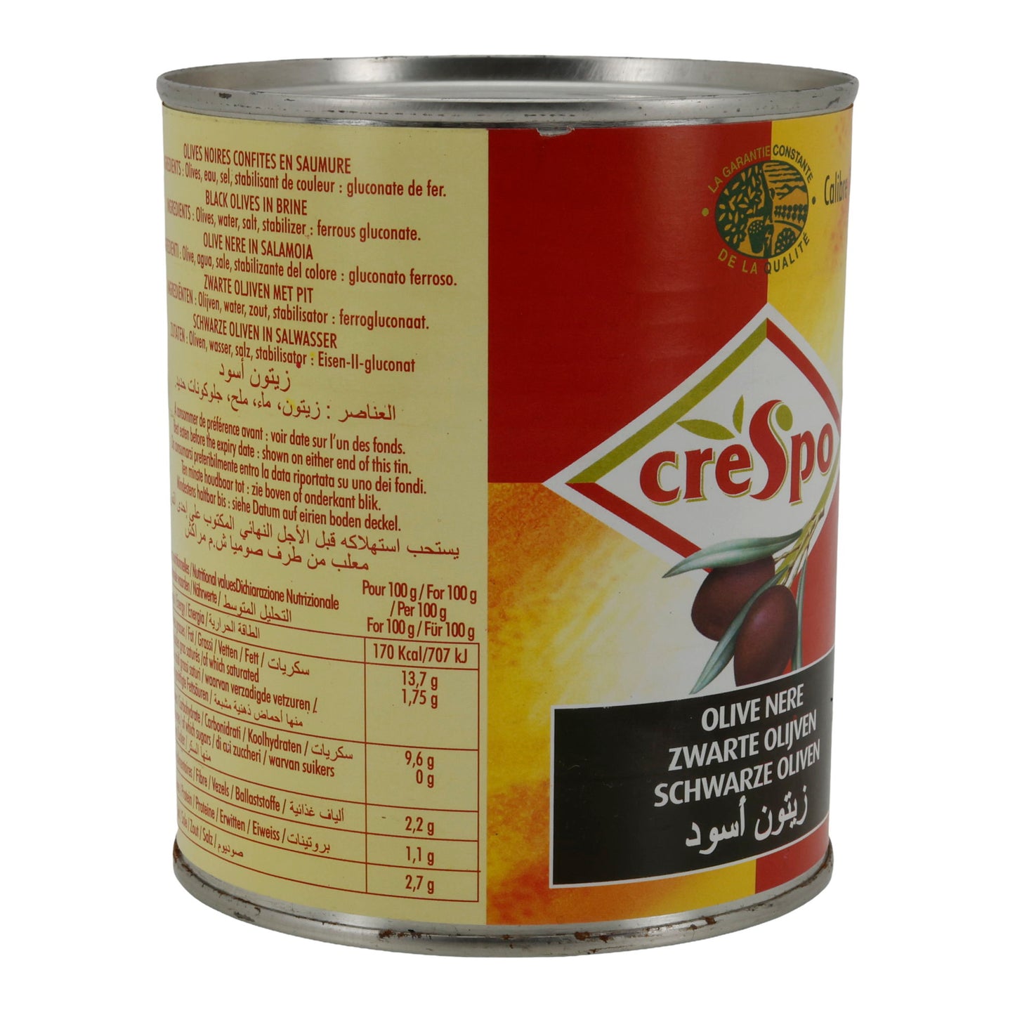 Oliven Crespo | tuzlu salamurada siyah bütün zeytinler | Kalibre 26–29 | 850 ml kutu