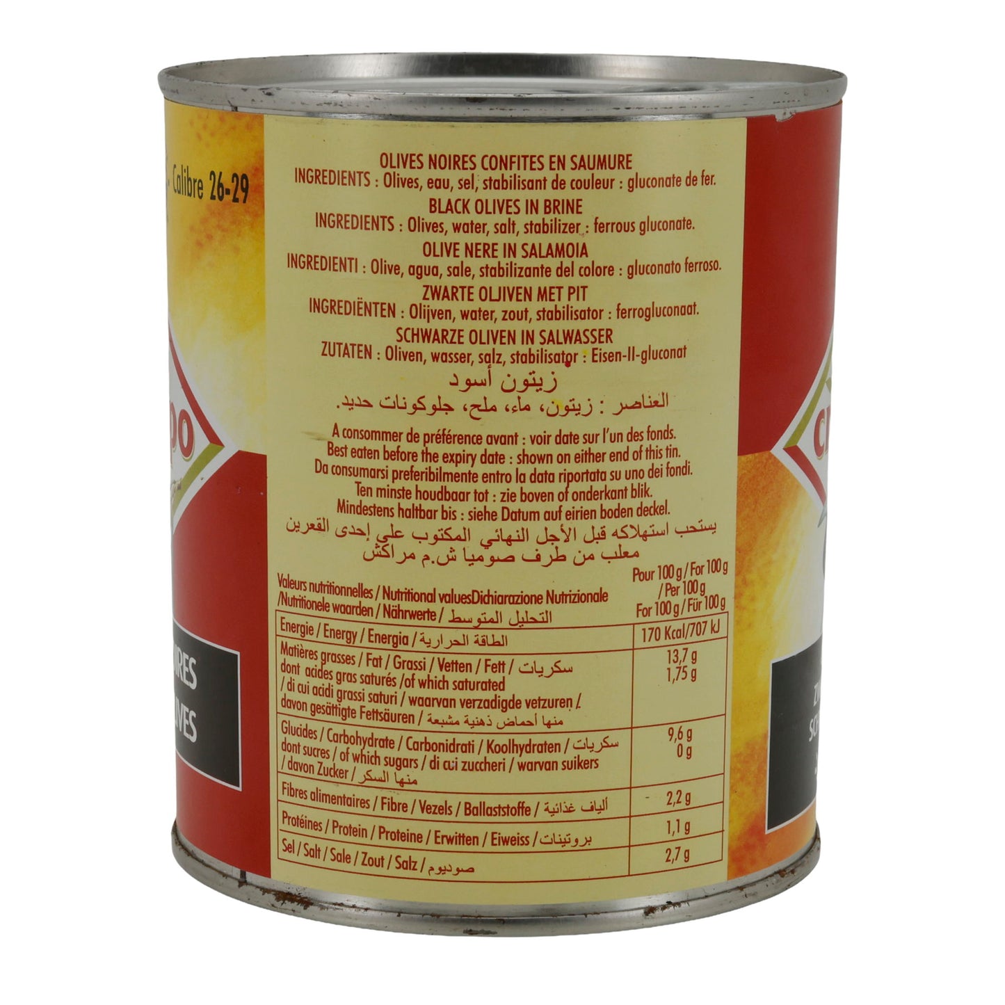Oliven Crespo | tuzlu salamurada siyah bütün zeytinler | Kalibre 26–29 | 850 ml kutu