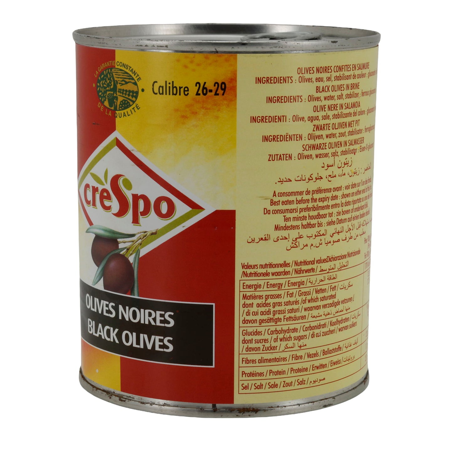 Oliven Crespo | tuzlu salamurada siyah bütün zeytinler | Kalibre 26–29 | 850 ml kutu