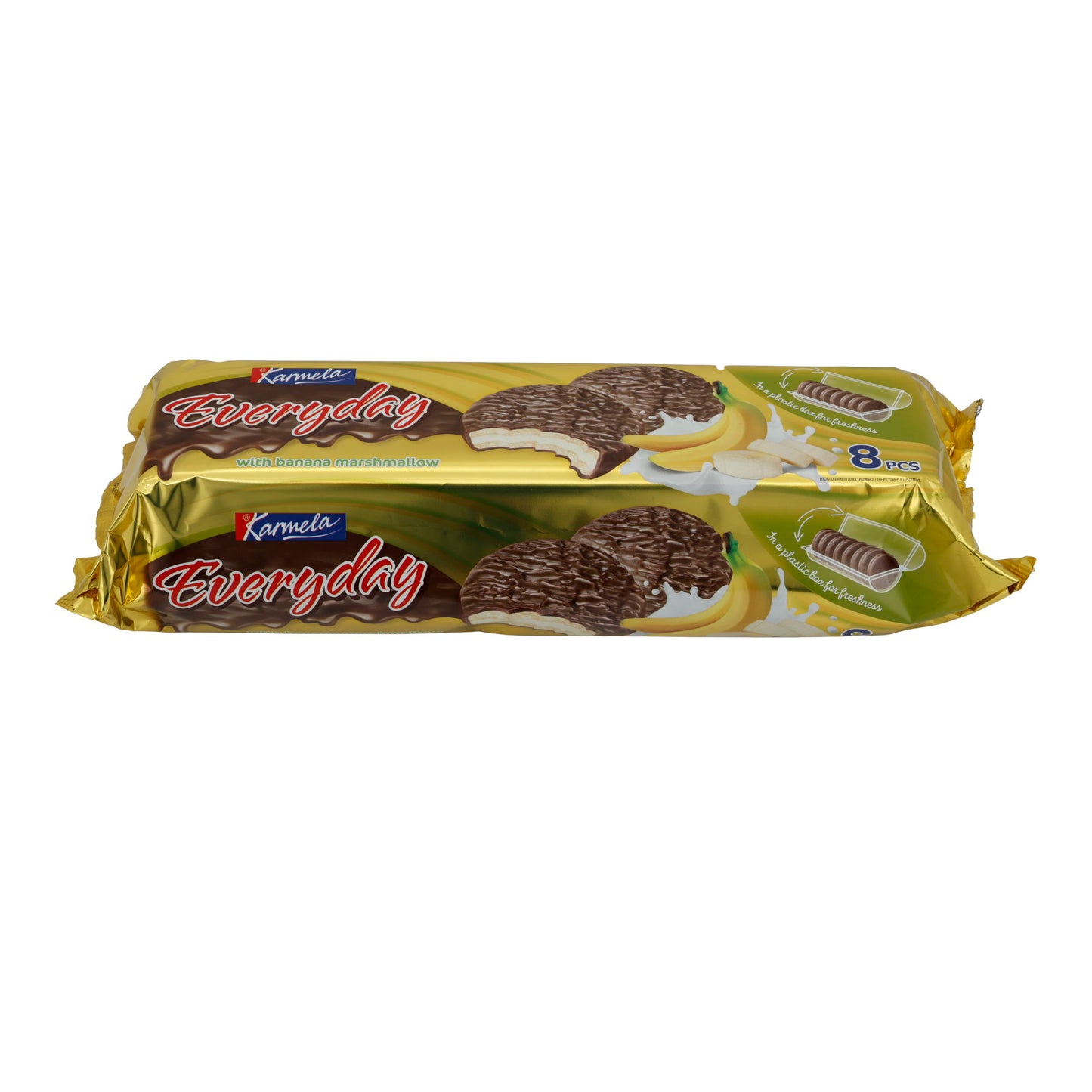 Biscotti al cioccolato Karmela | Con marshmallow alla banana | Cioccolato fondente e ripieno soffice | 8 pezzi