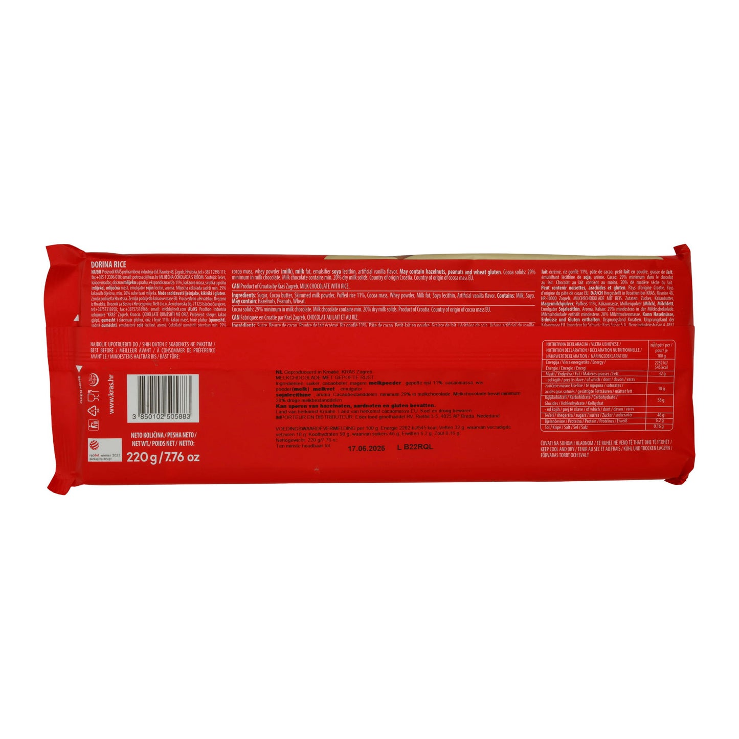 Melkchocolade Kraš Dorina | Rijstchocolade | met gepofte rijst | 220 g