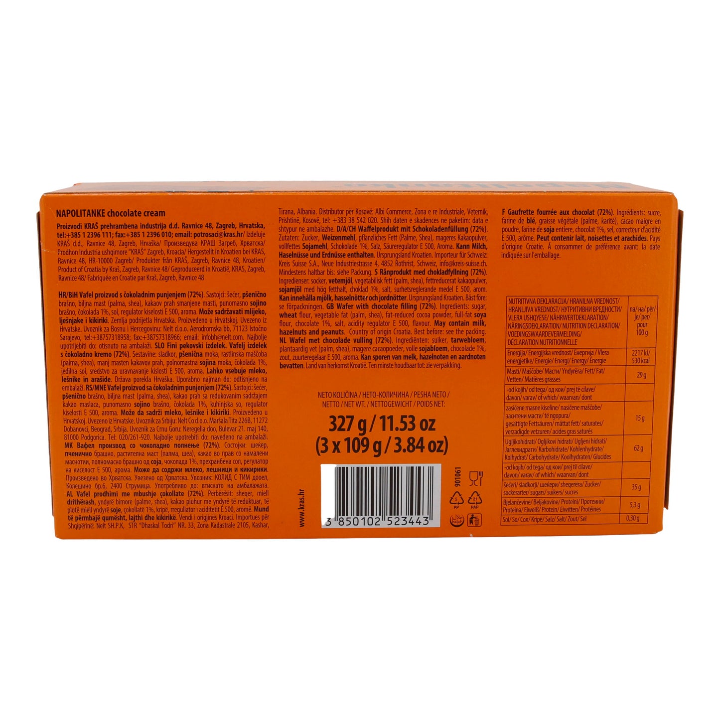 Waffeln mit Schokoladencreme Kraš Napolitanke | Waffeln | Knuspriger Genuss | 327 g (3x109 g)