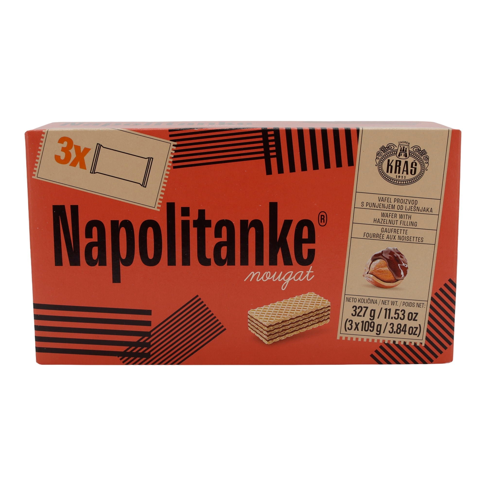 Nougat Waffeln Kraš Napolitanke | Gebäck | mit Haselnussfüllung im 3er Pack | 327 g KRAS
