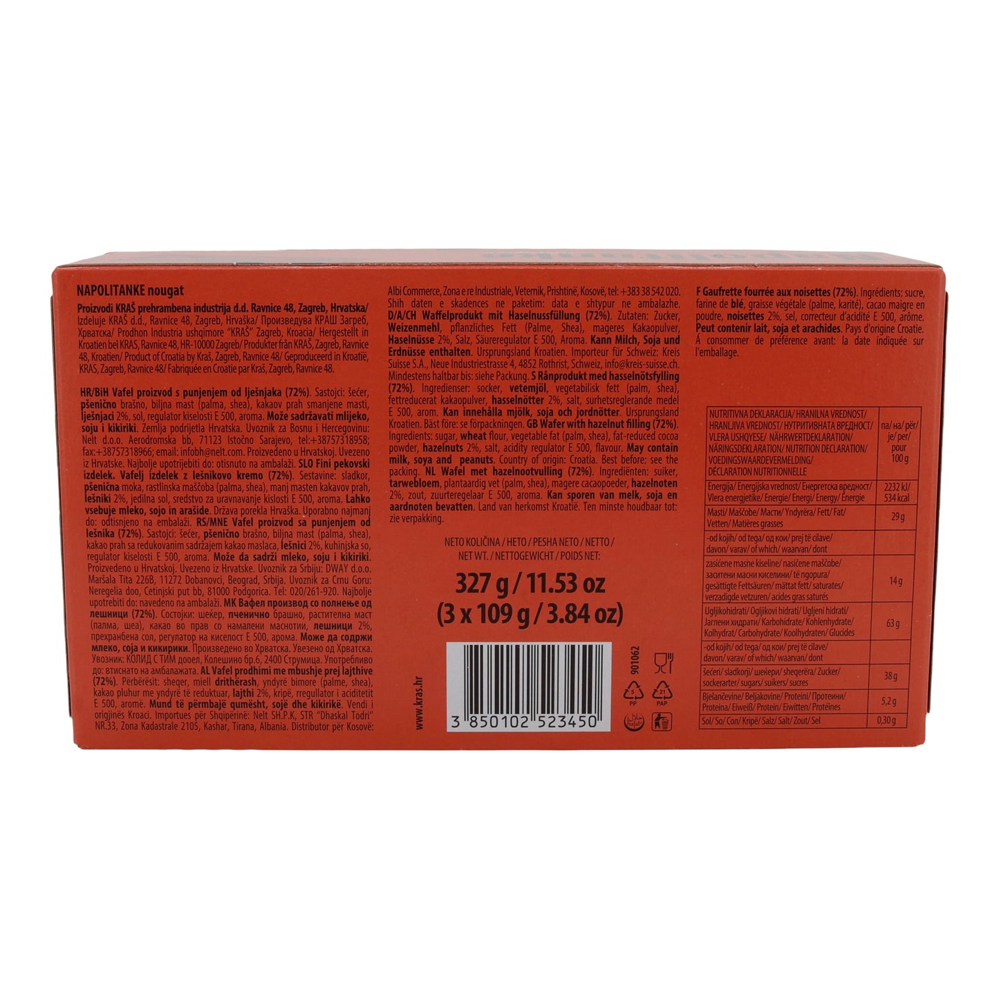 Nougatwafels Kraš Napolitanke | Gebak | met hazelnootvulling in 3-pack | 327 g