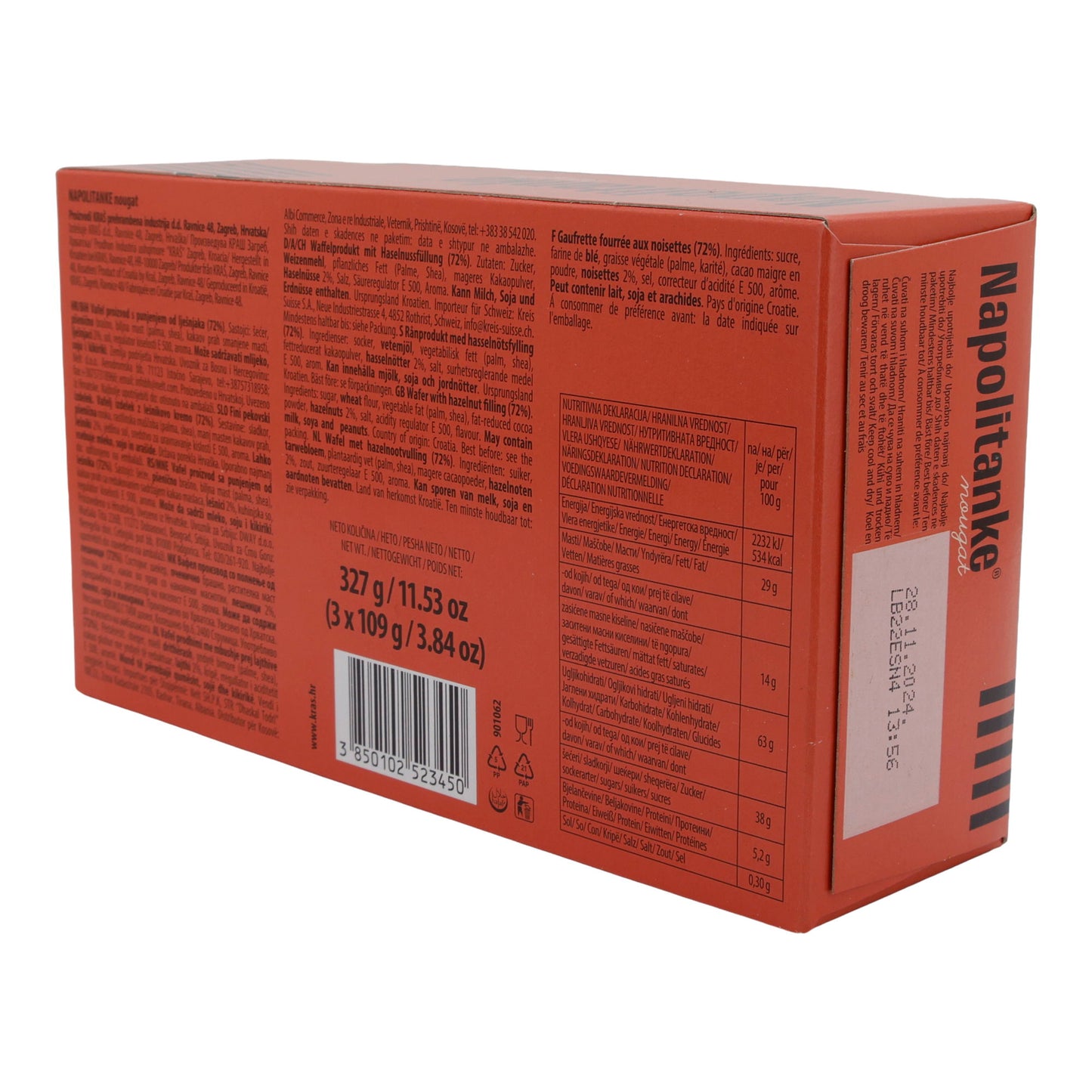 Nougatwafels Kraš Napolitanke | Gebak | met hazelnootvulling in 3-pack | 327 g