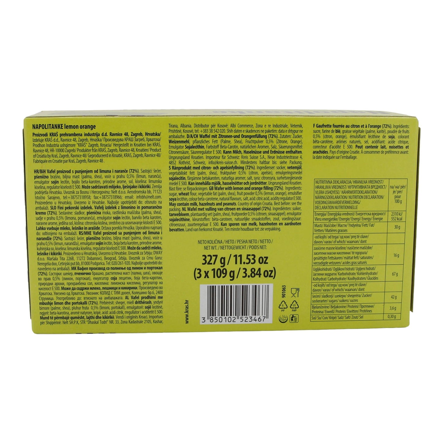 Waffeln Kraš Napolitanke | Gebäck | mit Zitronen- & Orangencremefüllung im 3er Pack | 327g