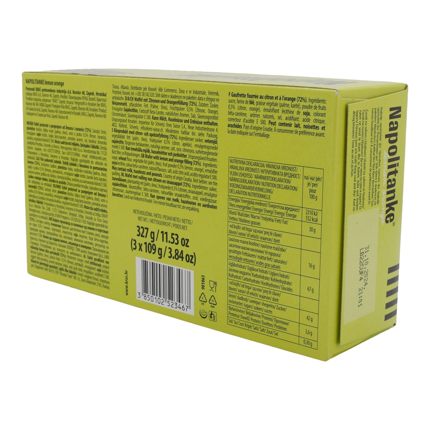 Waffeln Kraš Napolitanke | Gebäck | mit Zitronen- & Orangencremefüllung im 3er Pack | 327g