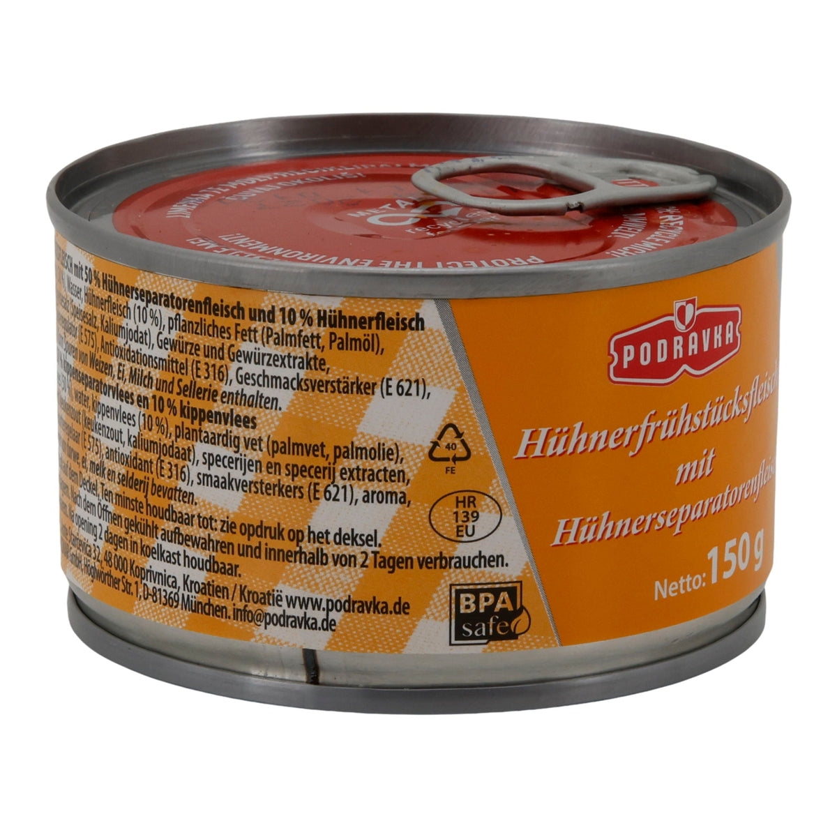 Geflügelkonserve Podravka Hühnerfrühstücksfleisch | Konserve | Zart mit Sojaeiweiß | 150 g PODRAVKA