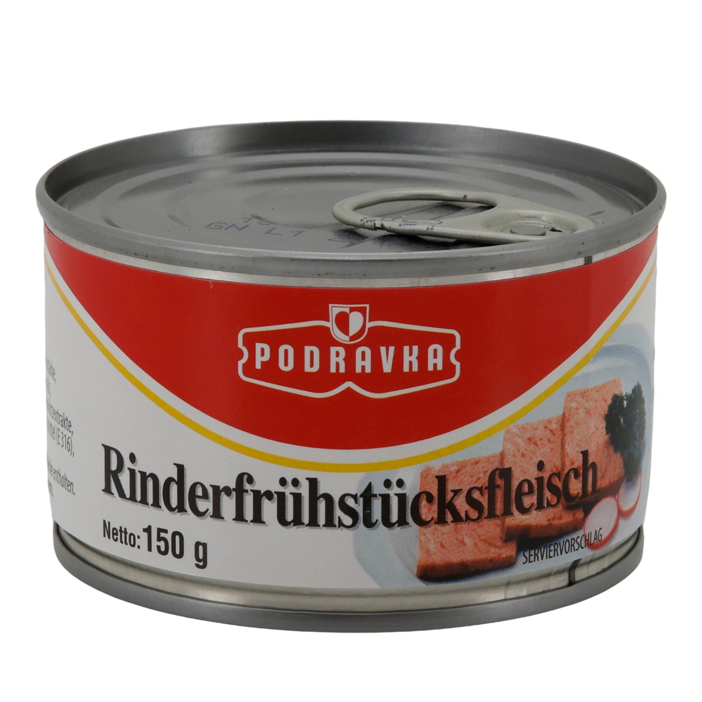 Carne di manzo in scatola Podravka Rinderfrühstücksfleisch | Scatola | Classico con proteine di soia | 150 g