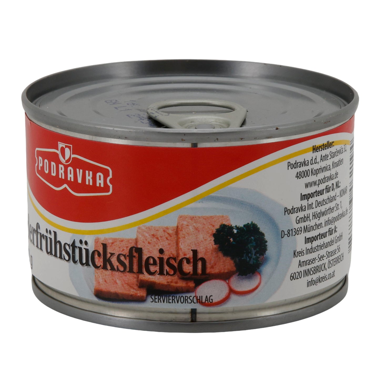 Carne di manzo in scatola Podravka Rinderfrühstücksfleisch | Scatola | Classico con proteine di soia | 150 g