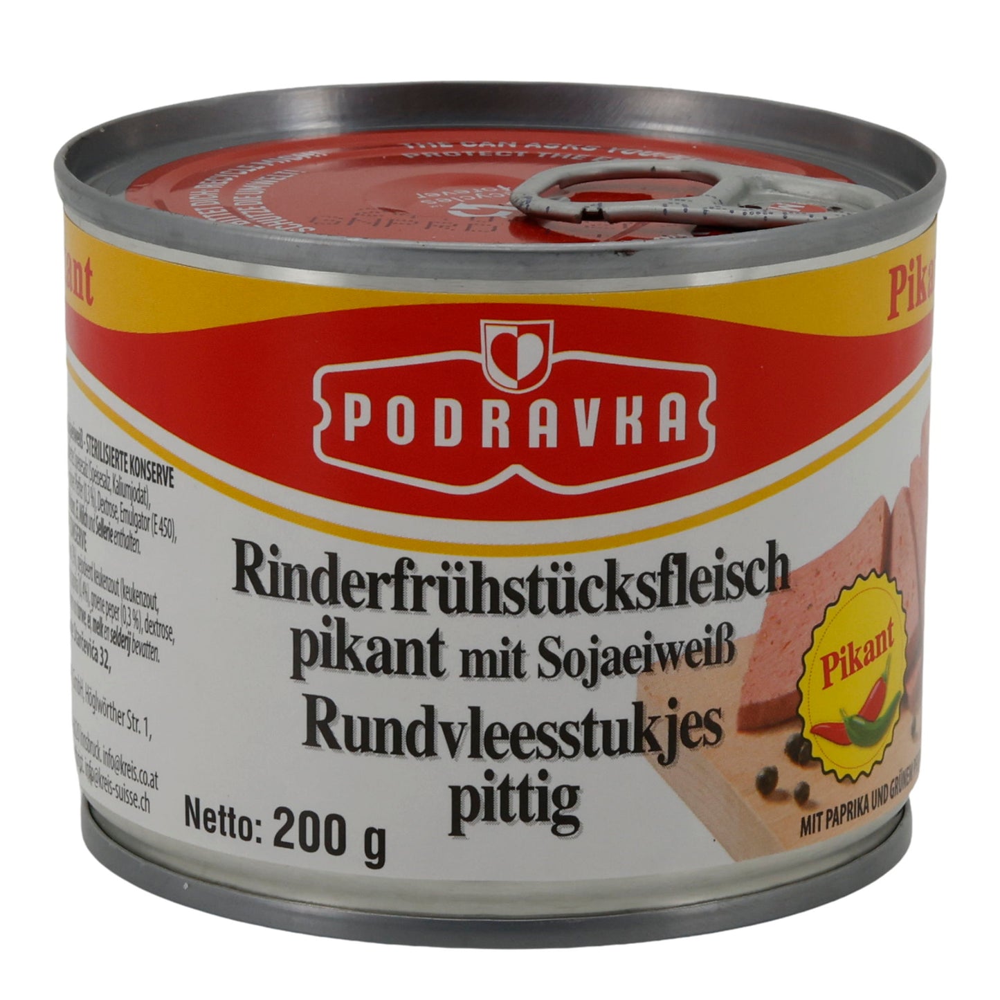 Carne di manzo in scatola Podravka Rinderfrühstücksfleisch piccante | Scatola | Speziata con proteine di soia | 200 g