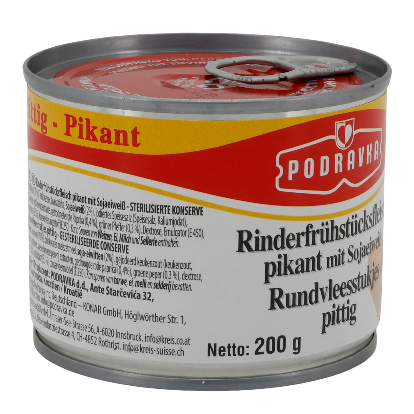 Carne di manzo in scatola Podravka Rinderfrühstücksfleisch piccante | Scatola | Speziata con proteine di soia | 200 g