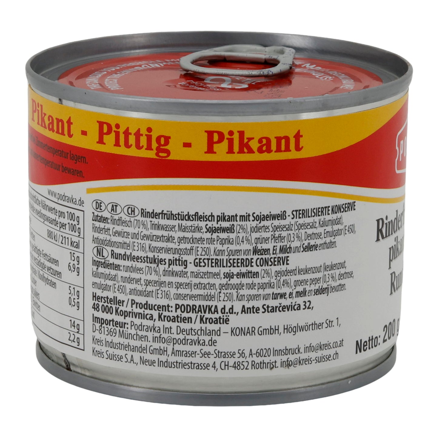Carne di manzo in scatola Podravka Rinderfrühstücksfleisch piccante | Scatola | Speziata con proteine di soia | 200 g