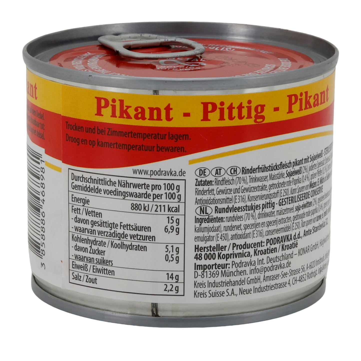 Carne di manzo in scatola Podravka Rinderfrühstücksfleisch piccante | Scatola | Speziata con proteine di soia | 200 g