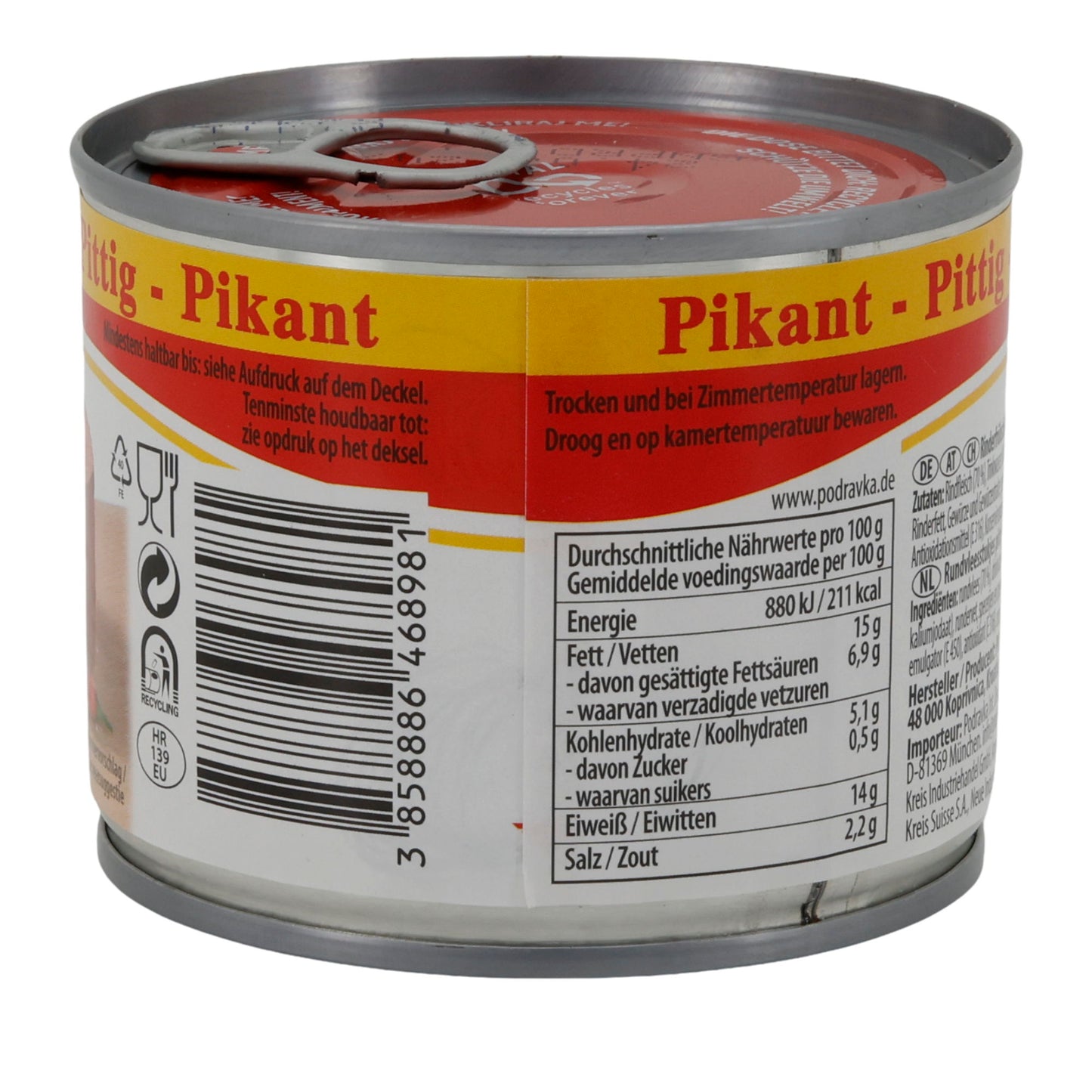 Carne di manzo in scatola Podravka Rinderfrühstücksfleisch piccante | Scatola | Speziata con proteine di soia | 200 g