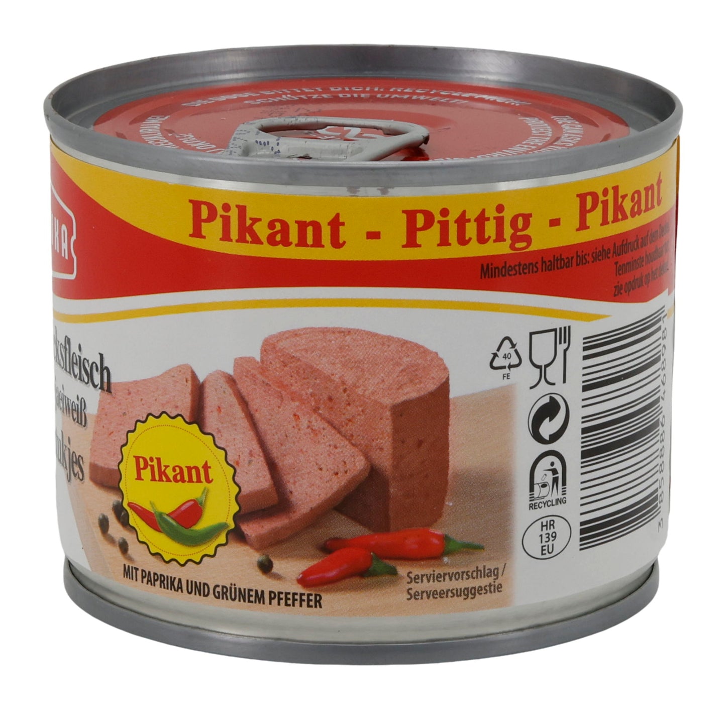 Carne di manzo in scatola Podravka Rinderfrühstücksfleisch piccante | Scatola | Speziata con proteine di soia | 200 g