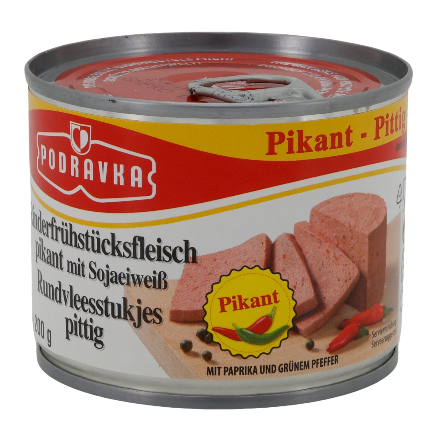 Carne di manzo in scatola Podravka Rinderfrühstücksfleisch piccante | Scatola | Speziata con proteine di soia | 200 g