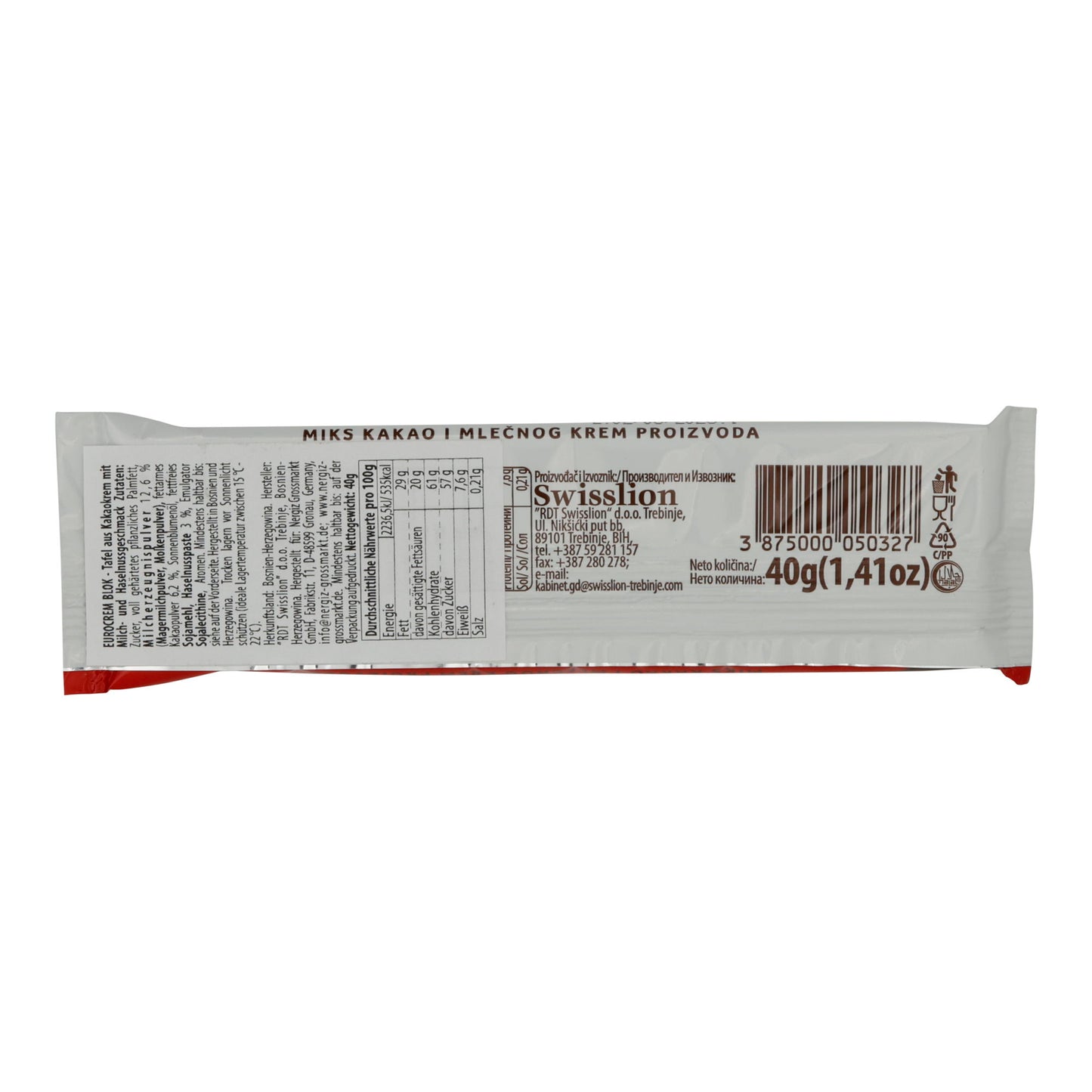 Riegel Eurocrem Blok | Süßigkeit | Haselnuss-Kakao | 40g