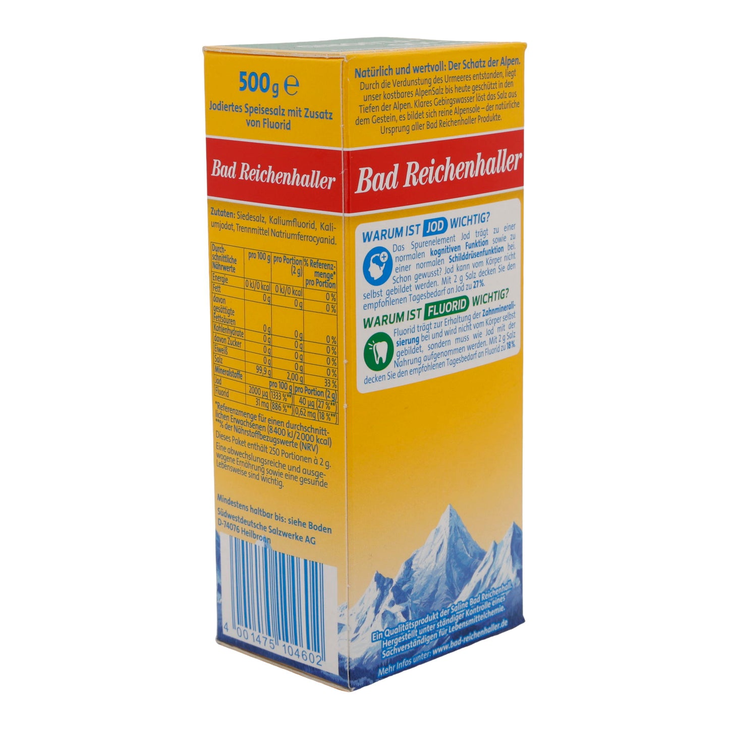 Salz Bad Reichenhaller | AlpenJodSalz + Fluorid | Mit Jod und Fluorid | 500g