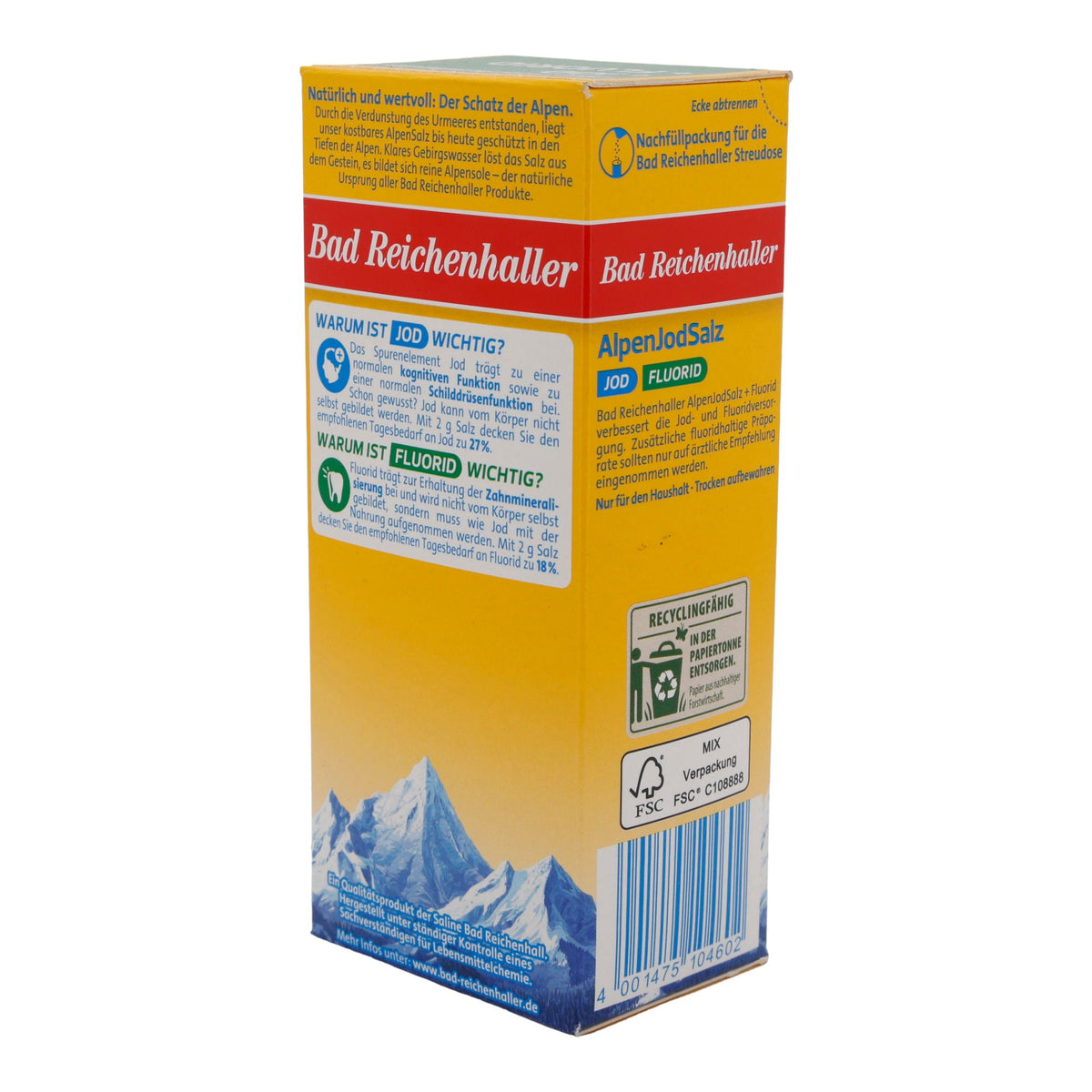 Salz Bad Reichenhaller | AlpenJodSalz + Fluorid | Mit Jod und Fluorid | 500g BAD REICHENHALLER