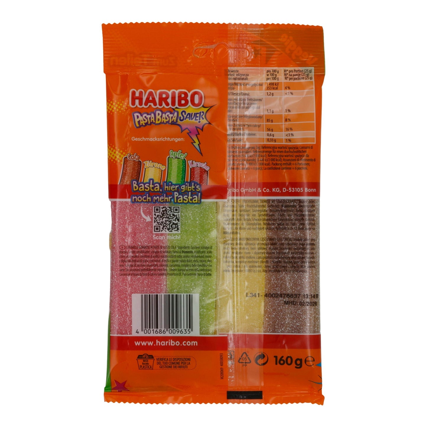 HARIBO Pasta Basta Sauer | Vegane Fruchtgummi-Streifen mit Geleefüllung | 160 g | Cola, Zitrone, Apfel & Kirsche HARIBO
