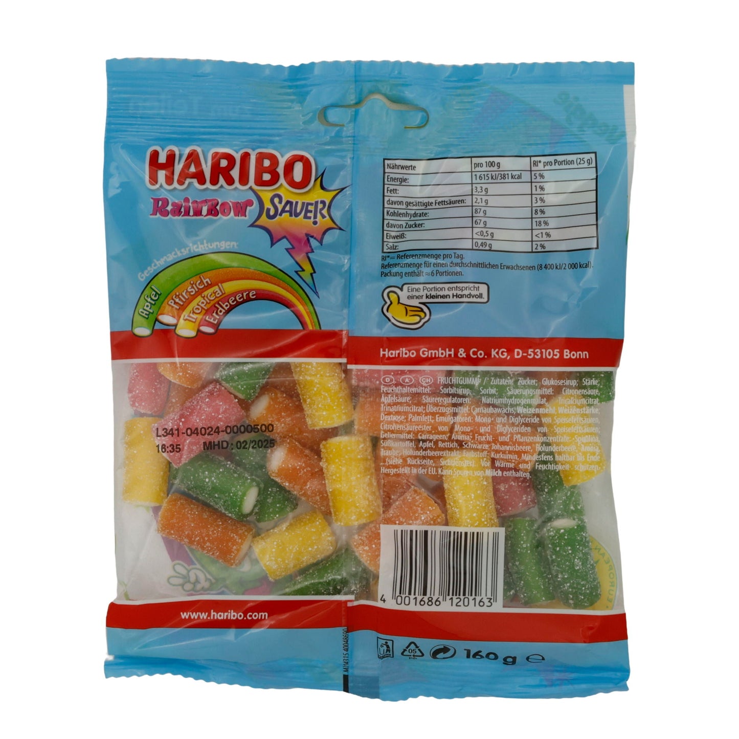 Gummibonbons Haribo | Rainbow Sauer | Vier Geschmacksrichtungen, fruchtig | 160g HARIBO