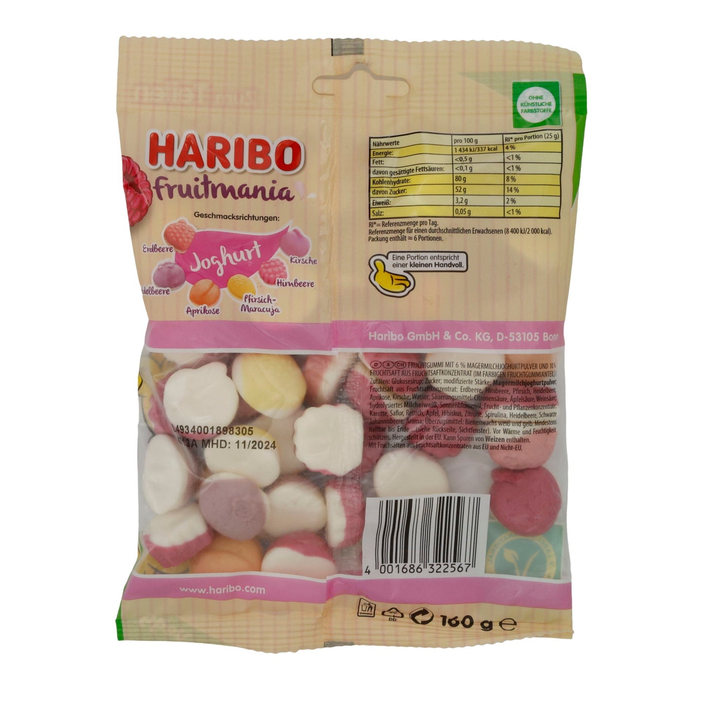 Fruitmania Joghurt HARIBO | Fruchtige Gummis | Mit Joghurtfüllung und 10% Fruchtsaft | 160 g HARIBO