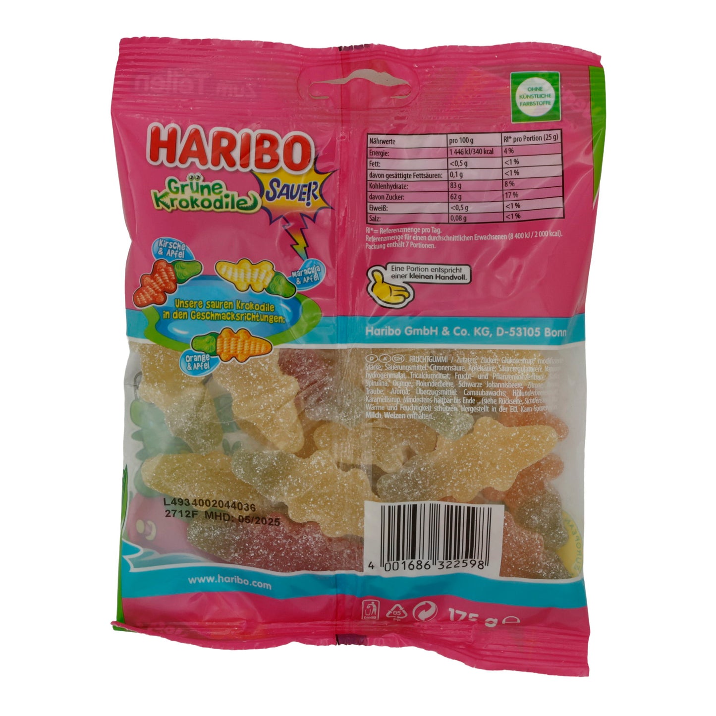 Gummis Haribo | Grüne Krokodile Sauer | Fruchtig-sauer, vegan | 175g