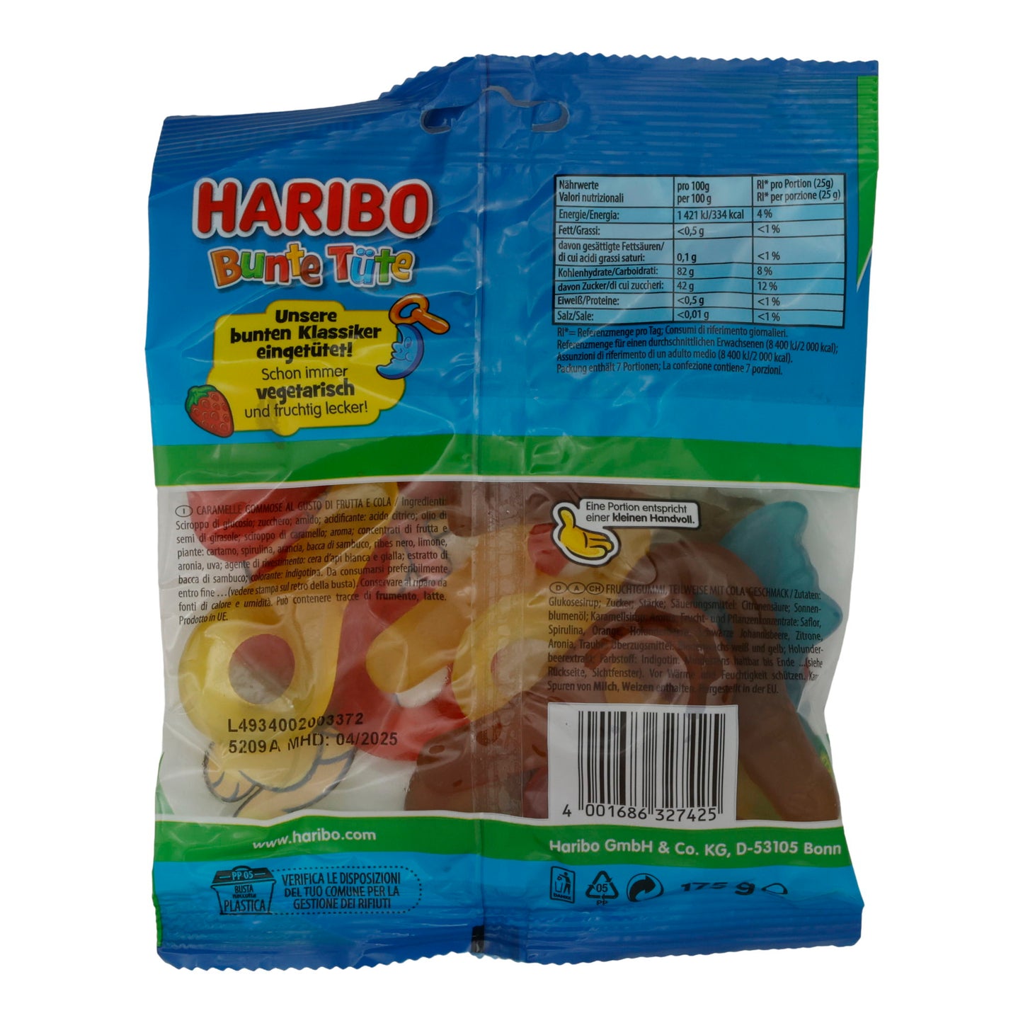 Fruchtgummis HARIBO | Kleurrijke zak | Veggie, klassieke smaak | 175g
