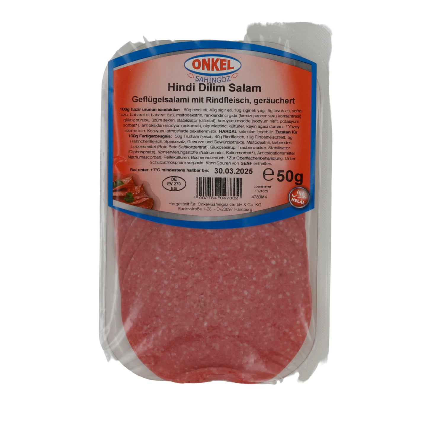 Dilim Salam Onkel Sahingöz | Halal-certificata | Salame di pollame affumicato | 50 g