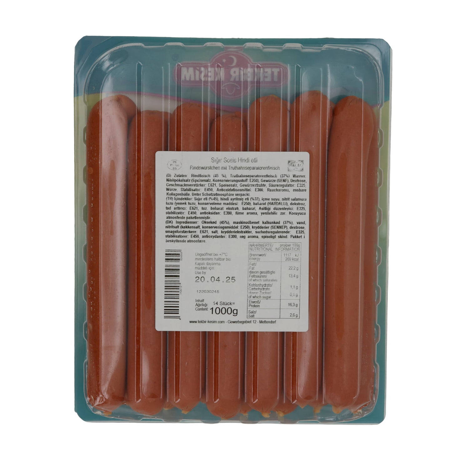 Saucisses de bœuf Tekbir | Sığır Sosis | Halal, avec dinde | 1000g