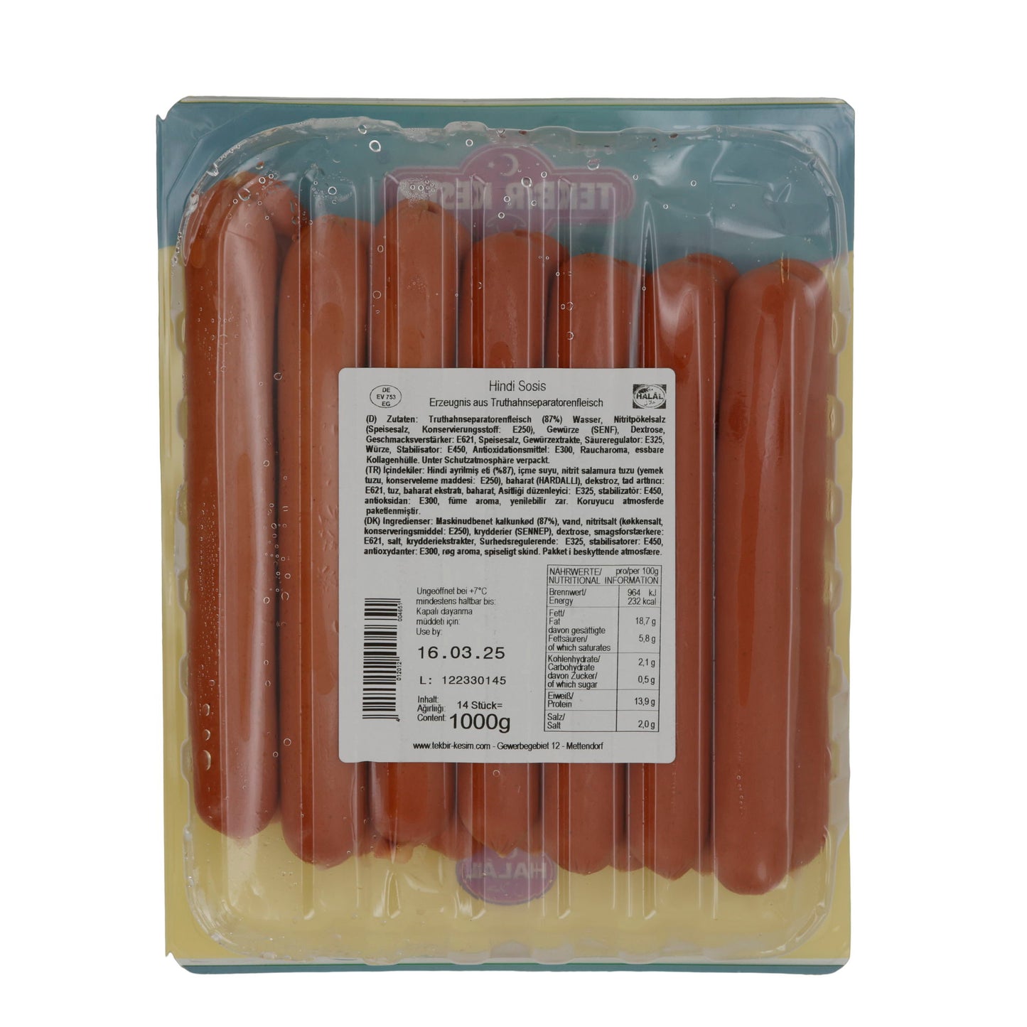 Salsicce di tacchino Tekbir | Salsiccia di tacchino Kesim | Halal, versatile | 1000g