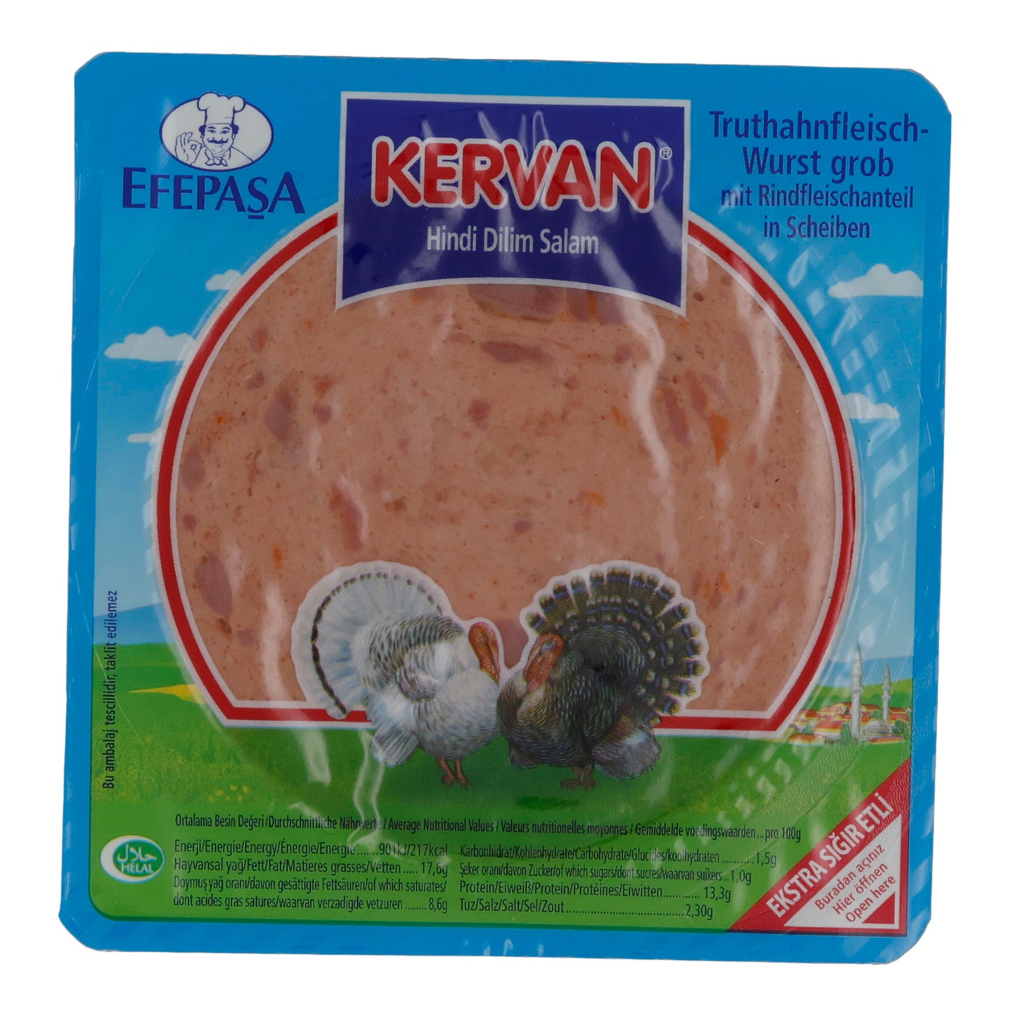 Truthahnwurst Kervan | Mit Rindfleisch | Grob geschnitten, halal-zertifiziert | 200g