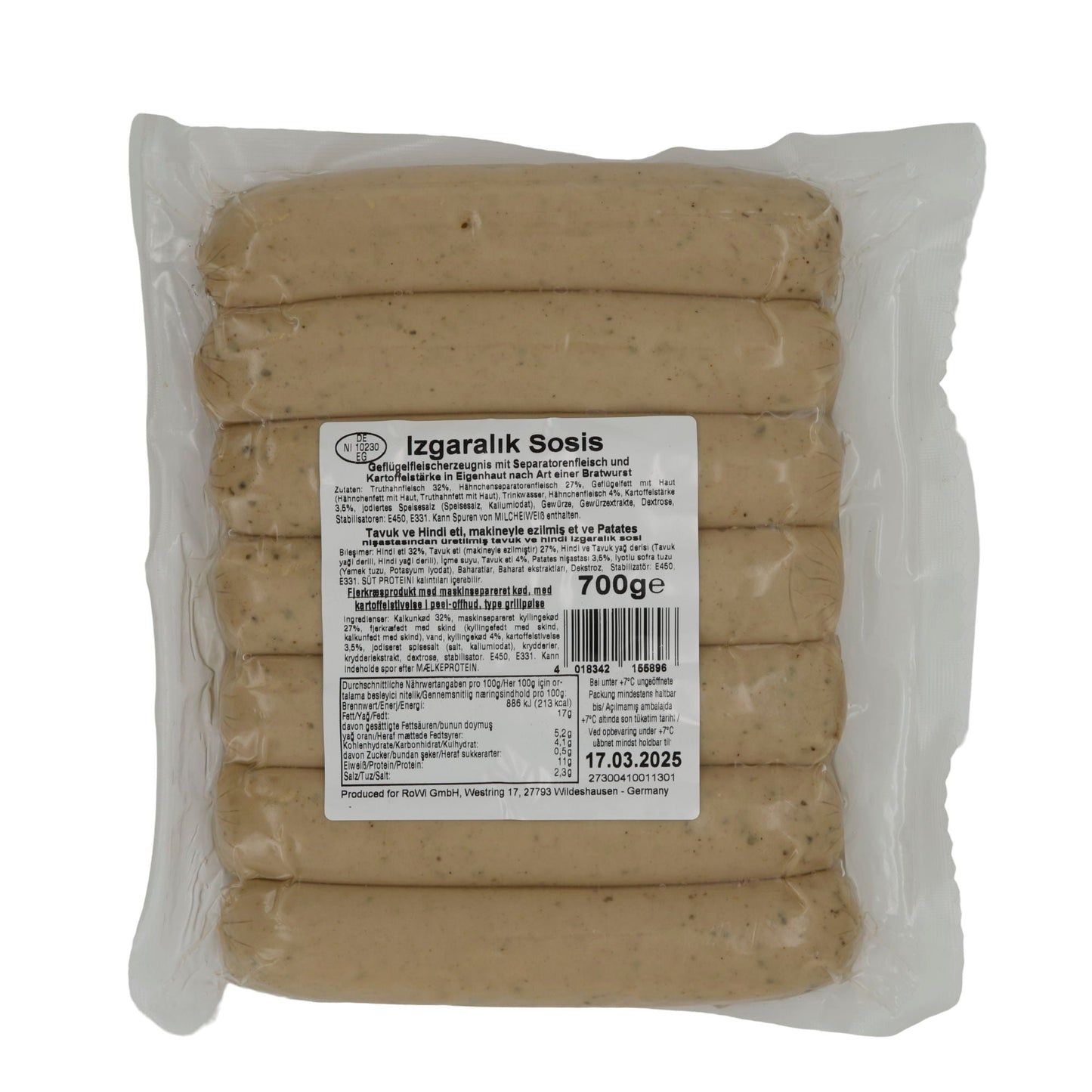 Bratwurst Aladin | Izgaralık Sosis | Würzig, Geflügelbratwurst | 700 g ALADIN