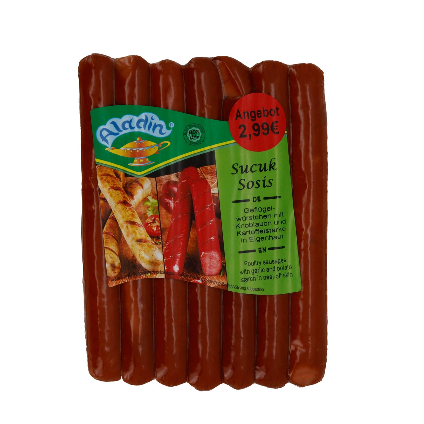 Bratwurst Aladin | Sucuk Sosis | Halal Geflügelwürstchen mit Knoblauch | 350 g