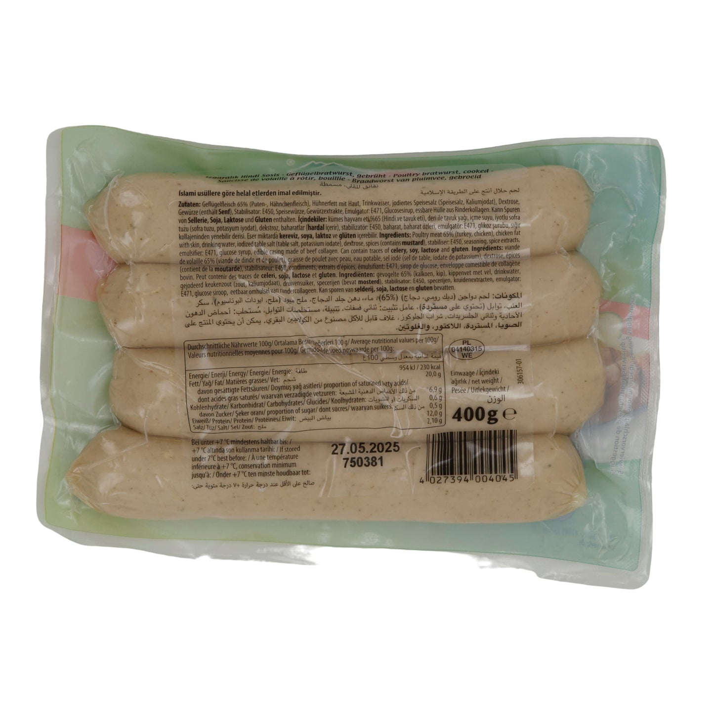 Bratwurst Yayla | Izgaralık Hindi Sosis | Gebrühte Geflügelbratwurst für Grill & Pfanne | 400 g