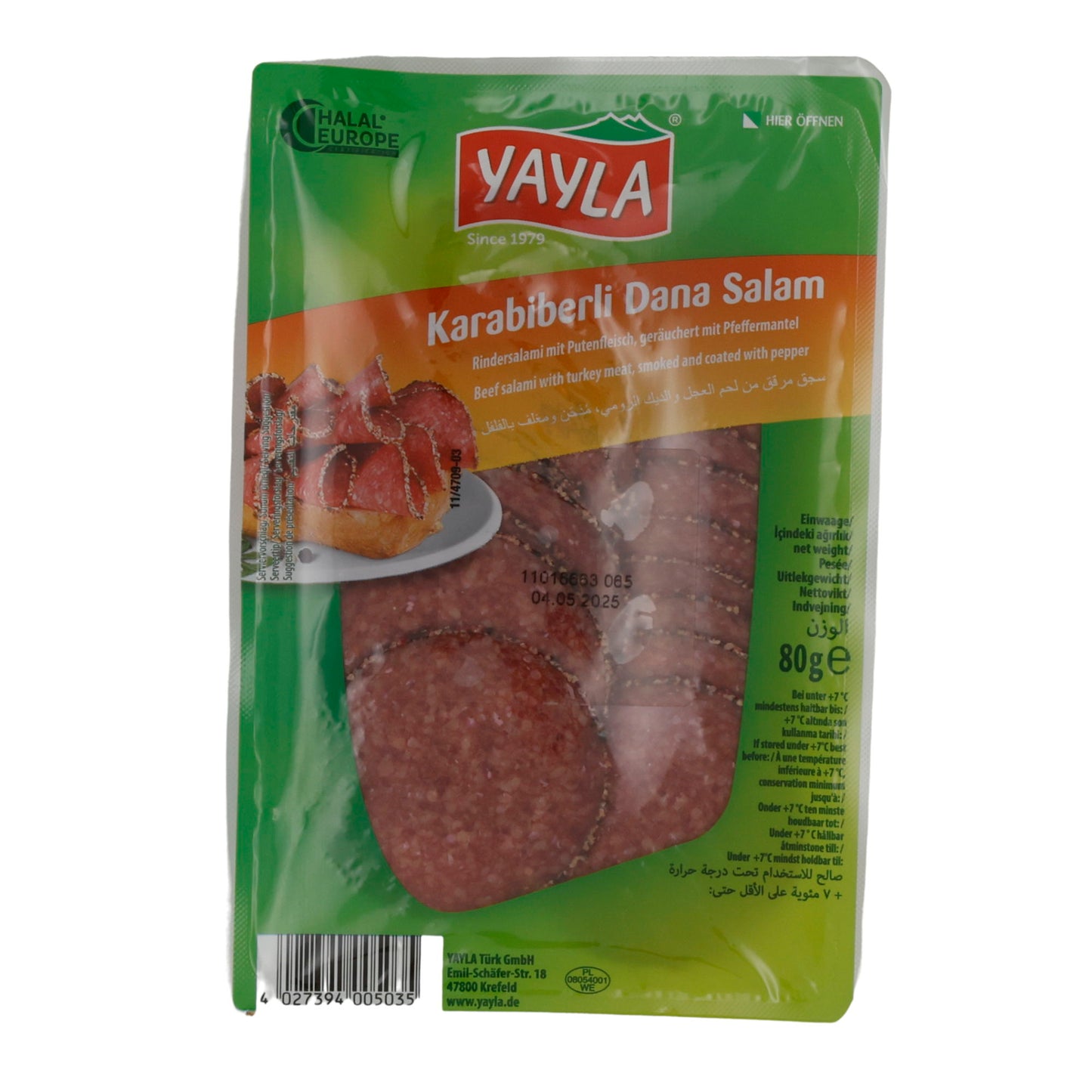 Salami Yayla | Salami de bœuf au poivre noir | Fumé, bœuf, enrobé de poivre, Halal | 80 g
