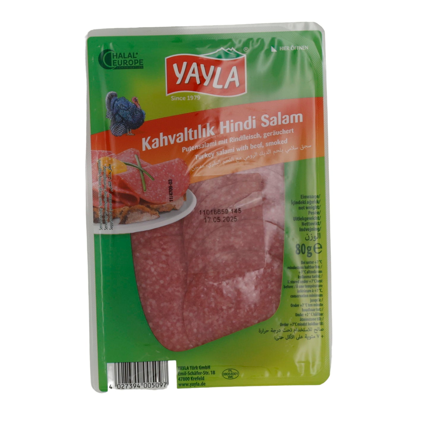 Salami Yayla | Salami de dinde pour petit-déjeuner | Fumé, dinde & bœuf, Halal | 80 g