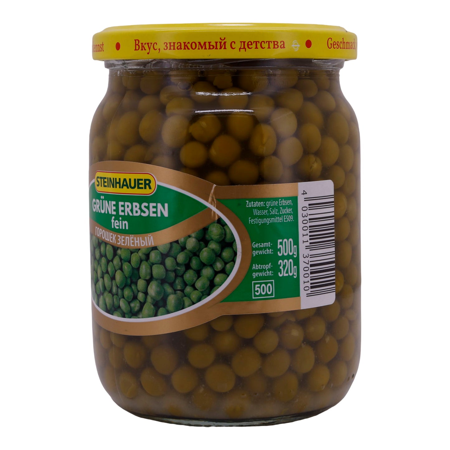 Piselli verdi Steinhauer | Fini | Gusto naturale, confezione in vetro di alta qualità | 500 g