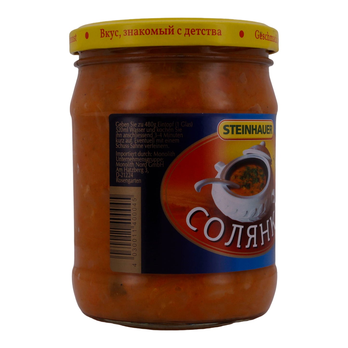 Soljanka Steinhauer | Eintopf mit Sauerkraut | Mit Gemüse und Salzgurken | 480 g Glas MN