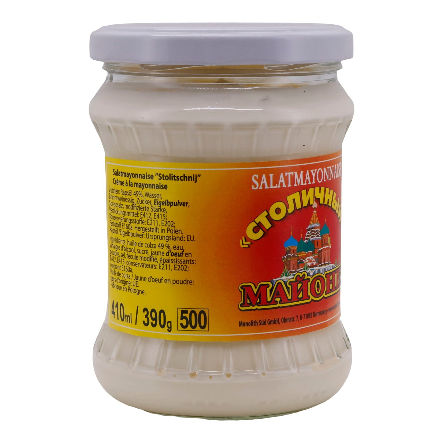 Salatmayonnaise Stolitschnij | Mayonnaise im Glas | Cremig, klassisch | 410 ml MONOLITH