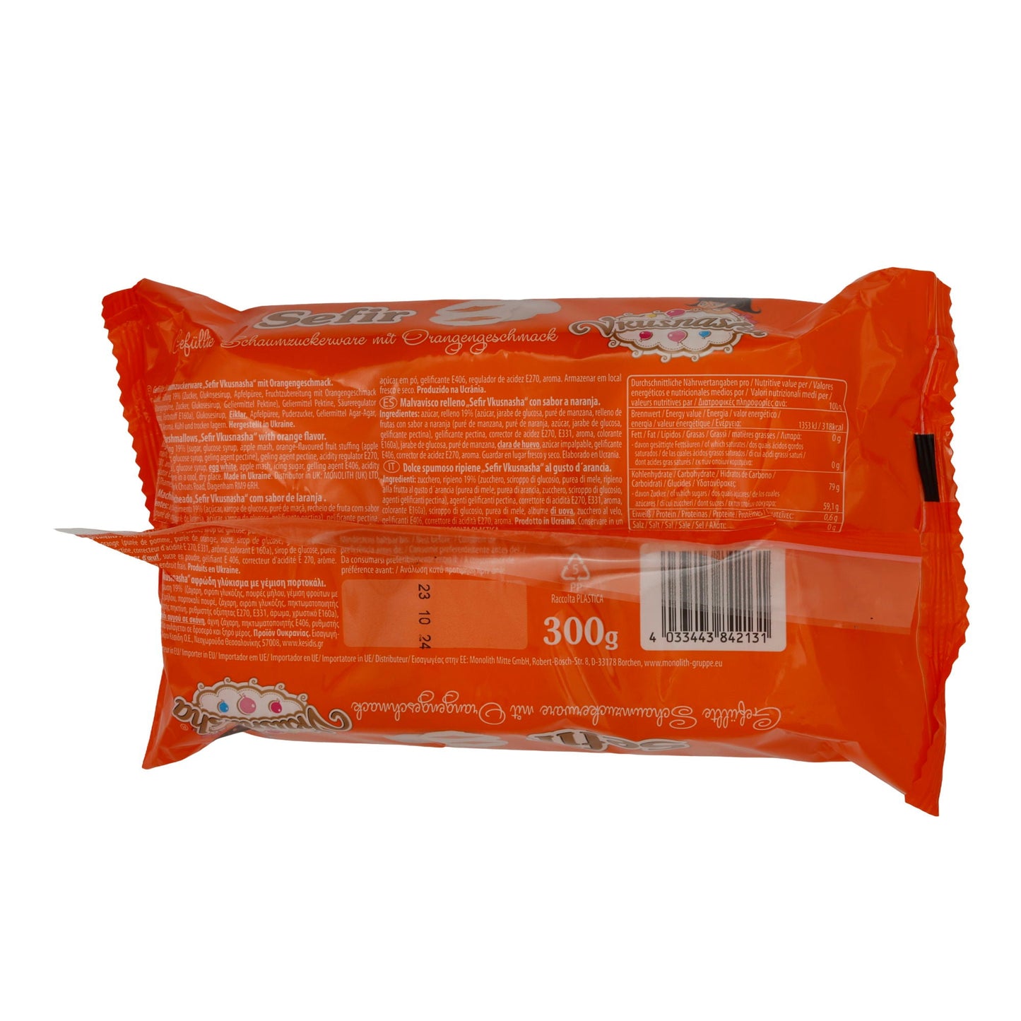 Sefir Vkusnasha | Gefüllte Schaumzuckerware | Orangenaroma | 300 g