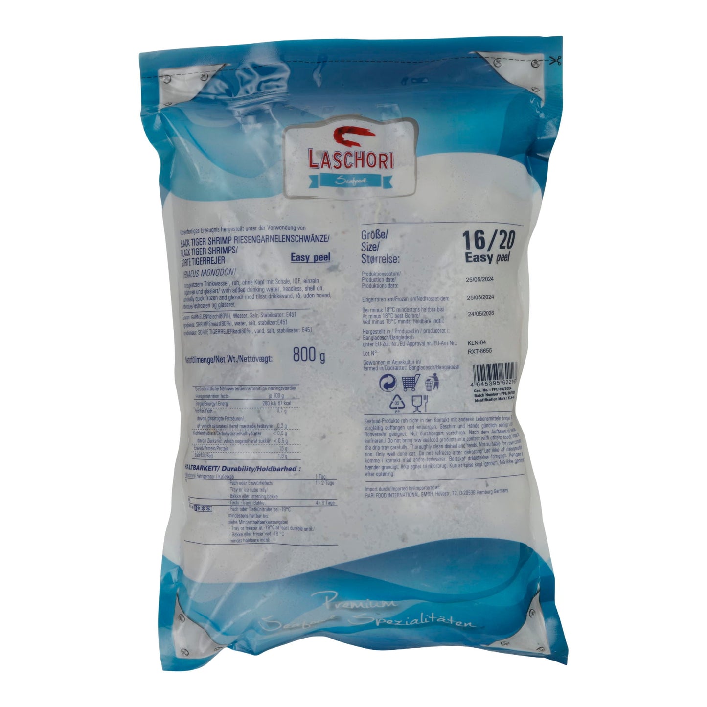 Garnelen Laschori | Black Tiger Shrimps | Riesengarnelenschwänze Easy Peel 16/20 | 800 g LASCHORI