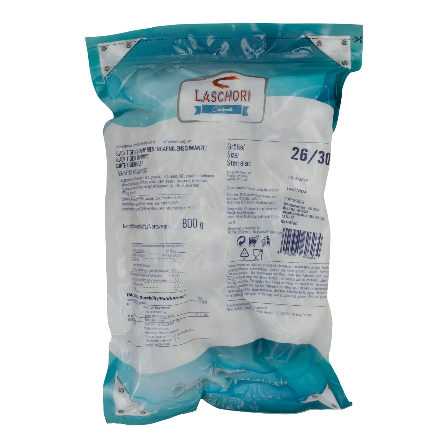 Karides Laschori | Karides | Black Tiger Karidesleri, Dev Karides Kuyrukları 26/30, soyulmuş ve bağırsakları çıkarılmış | 800g