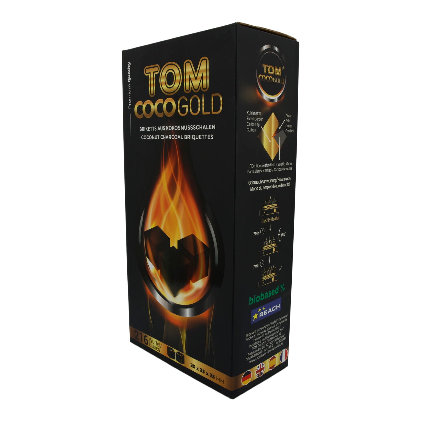 Naturkohle Tom Coco Gold | 216 Würfel – Premium Kokoskohle für Shisha & Grill