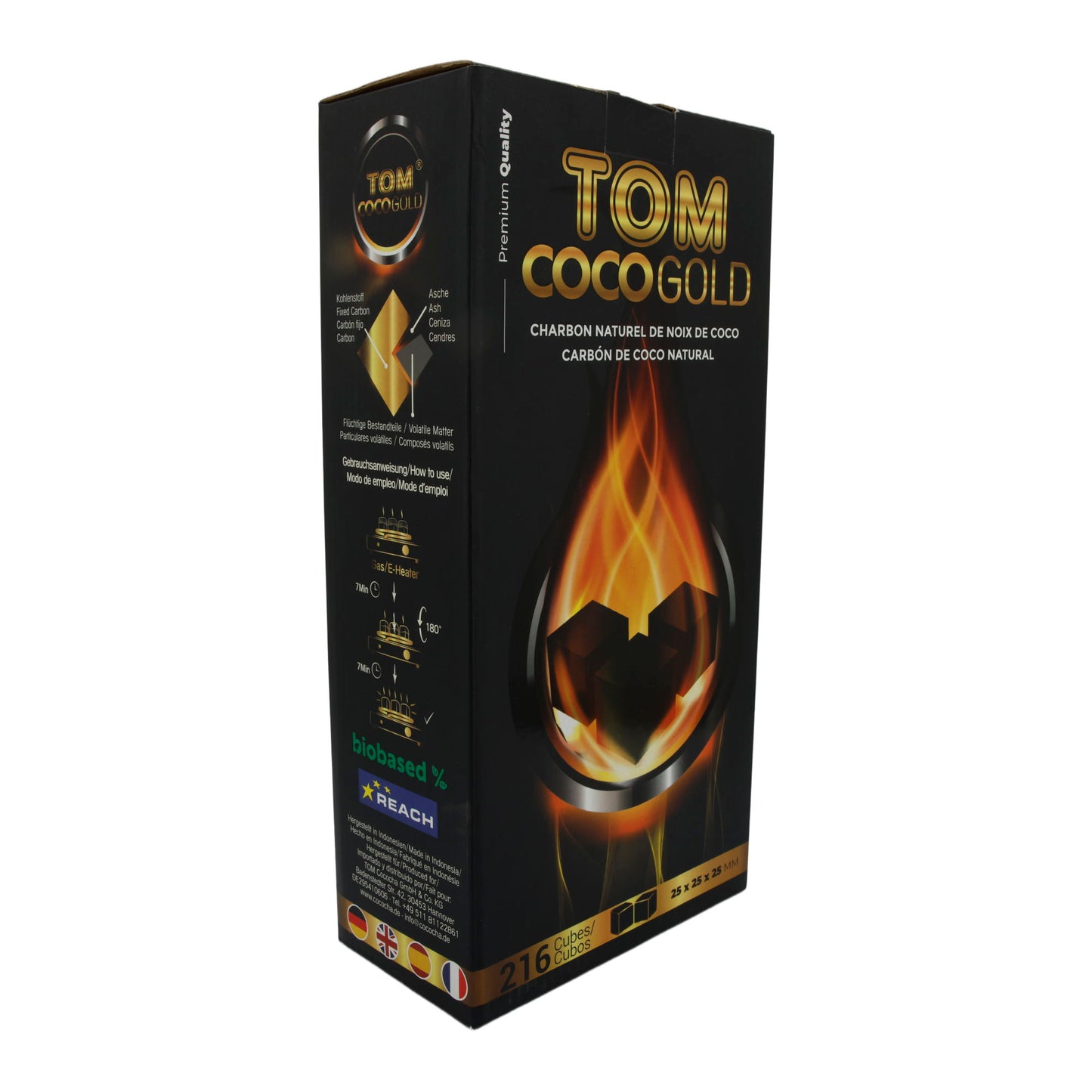 Naturkohle Tom Coco Gold | 216 Würfel – Premium Kokoskohle für Shisha & Grill