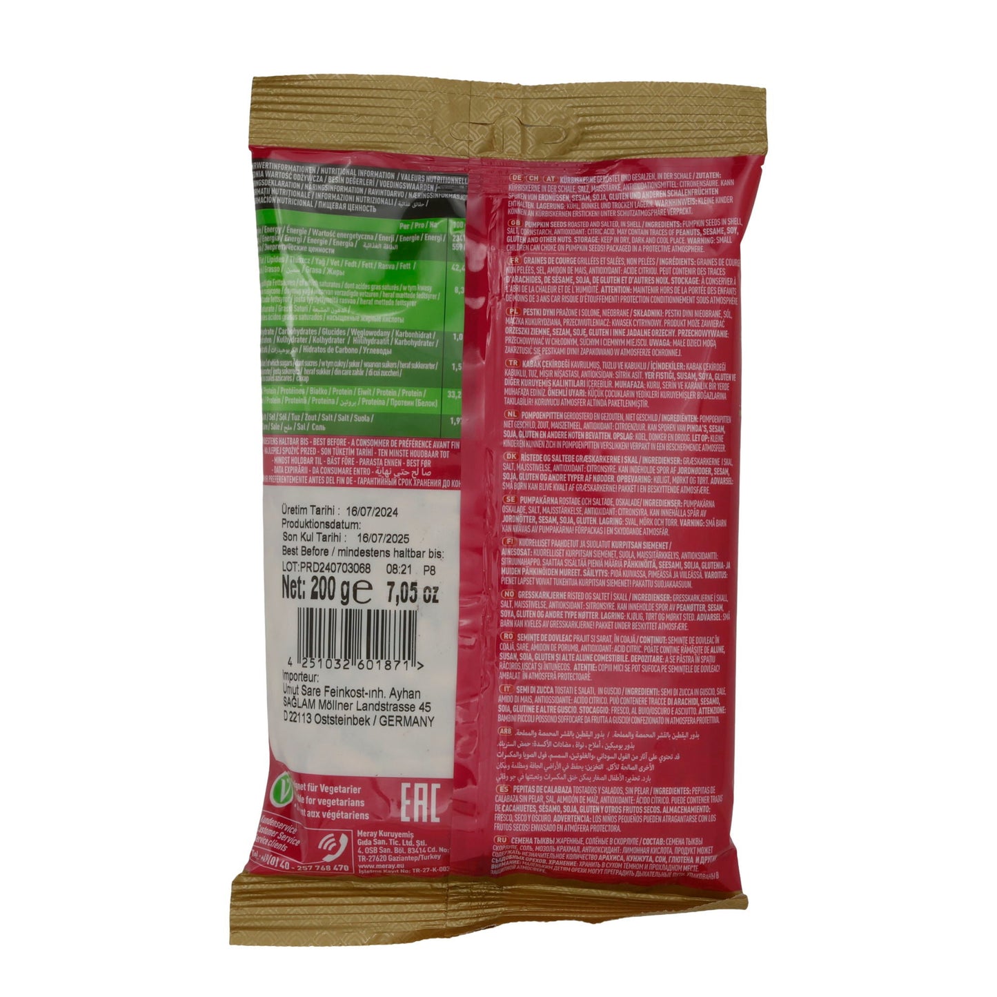 Kerne Meray | Kürbiskerne Trakya | Geröstete und gesalzene Kürbiskerne | 200 g MERAY